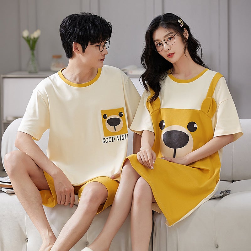 New Summer Couple Pajamas for Women, Short-Sleeved Pure Cotton Wedding Nightgown, Men's Zodiac Year Red Home Wear Set - Image 1
