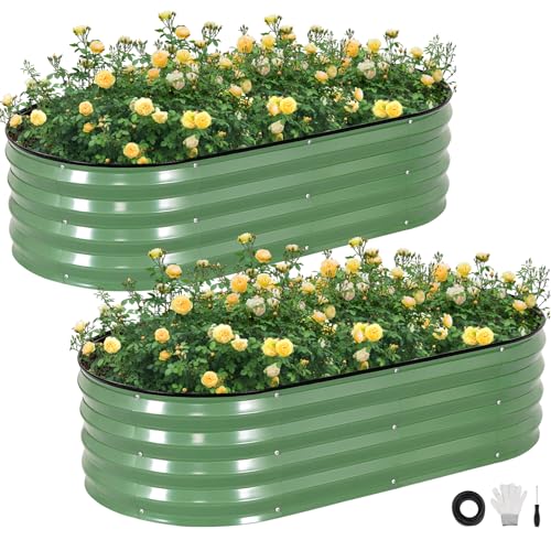 STBoo Galvanized Raised Garden Bed Outdoor, 2Pcs 4x2x1ft Oval Planter Box with Rubber Strip, Metal Raised Bed Kit for Vegetables Flowers Herbs, Olive Green - Image 1