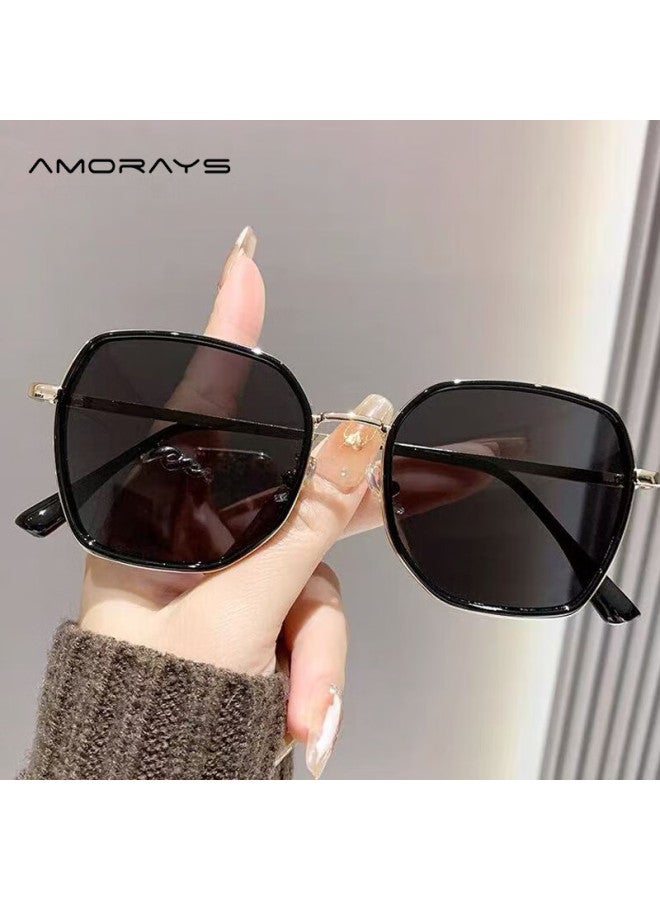 Amorays Women's New Korean-style Fashion Polarized Sungl, Face-shaping, Suitable For Square And Round Faces, Making Face Look Smaller, Black And Gold Color - Image 1