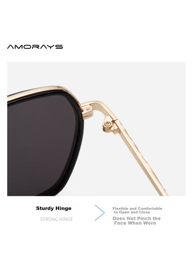 Amorays Women's New Korean-style Fashion Polarized Sungl, Face-shaping, Suitable For Square And Round Faces, Making Face Look Smaller, Black And Gold Color - Image 2