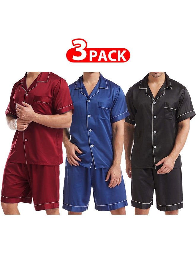 MARGOUN 3 Pack XL Size Mens 2pcs Summer Soft Pyjamas Set Short Sleeve Button Down Shirt With Boxer Shorts /(Shirt Length 28''/Shirt Chest 24''/Pajama Length 21''/Pajama Waist 30'') - Image 1