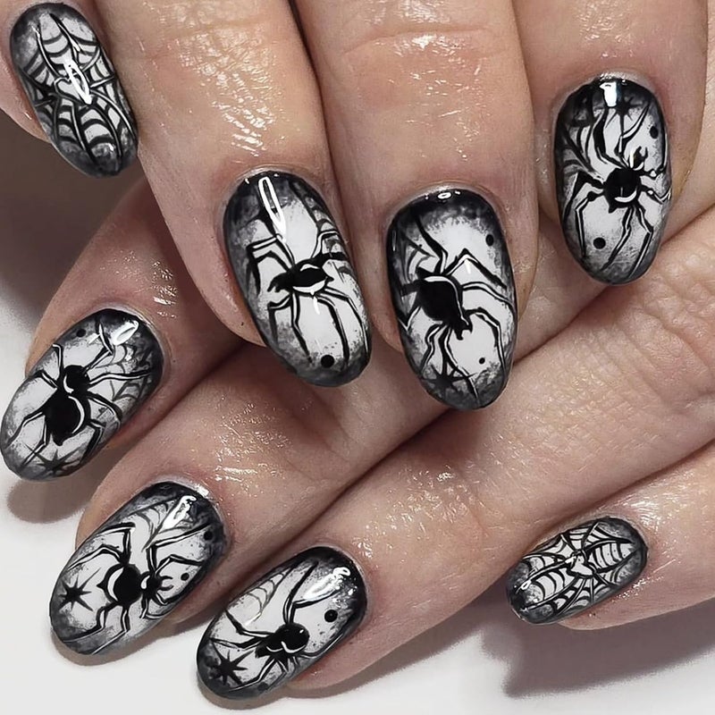 WULIUFLY Anti topple design 24 PCS Halloween Black Spider Fake Nails Short Almond Press on Nails Oval Acrylic Nails Black Spider Glue on Nails Halloween Spider Nails Press ons Short Halloween Press on Nails for Women Manicure Permanent & temporary usable - Image 1
