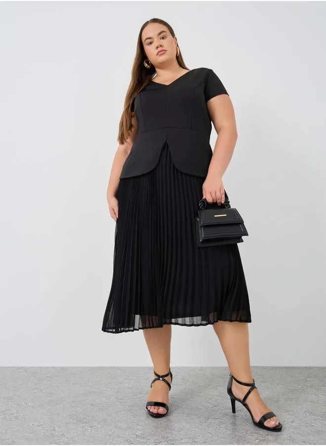 ستايلي Styli Plus Size Short Sleeves Pleated A-Line Midi Dress
