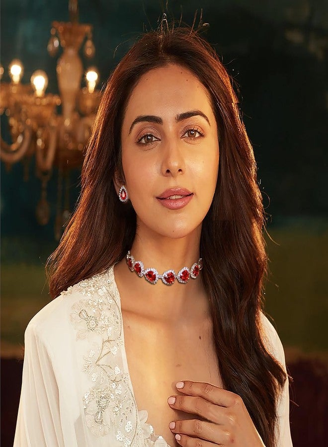 ACCESSHER Silver Plated with Ruby Red Stone Pendant Necklace Set for Women | Stylish Teardrop Necklace for Party, Ethnic | Lightweight Fashion Accessories (Ruby Red) - Image 2