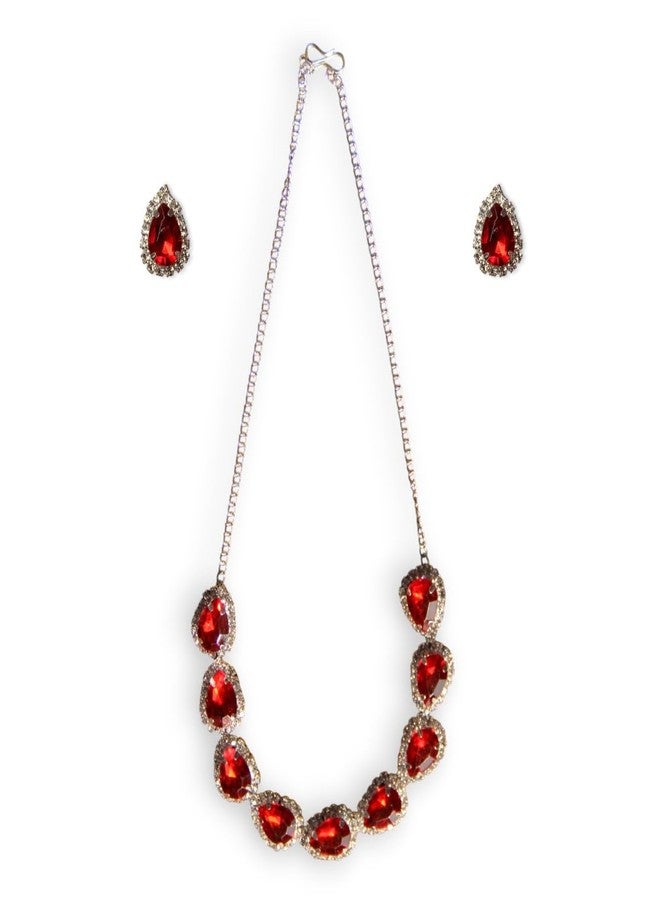 ACCESSHER Silver Plated with Ruby Red Stone Pendant Necklace Set for Women | Stylish Teardrop Necklace for Party, Ethnic | Lightweight Fashion Accessories (Ruby Red) - Image 1