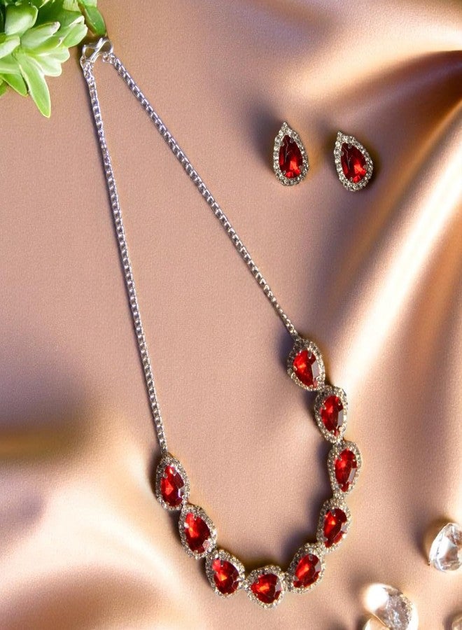 ACCESSHER Silver Plated with Ruby Red Stone Pendant Necklace Set for Women | Stylish Teardrop Necklace for Party, Ethnic | Lightweight Fashion Accessories (Ruby Red) - Image 3