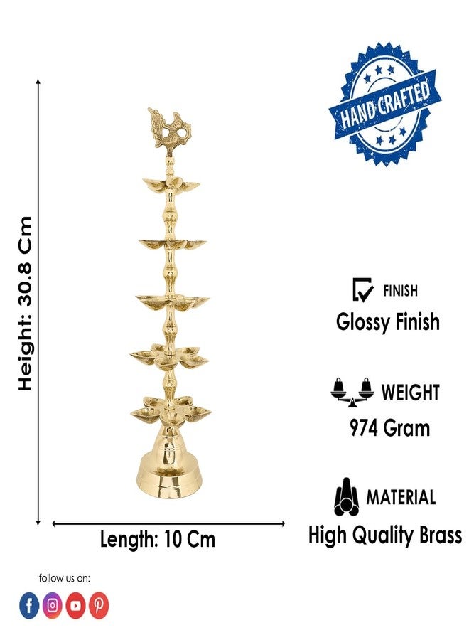 SATVIK Brass Panchmukhi Peacock Kerala Samai Puja Diya Kutthu Vilakku Oil Lamp Pooja 5 Step Diya Engraved Design Deepak Indian Diwali Pooja Home Mandir Office Décor Return Gift Items (Pack of 1) - Image 3