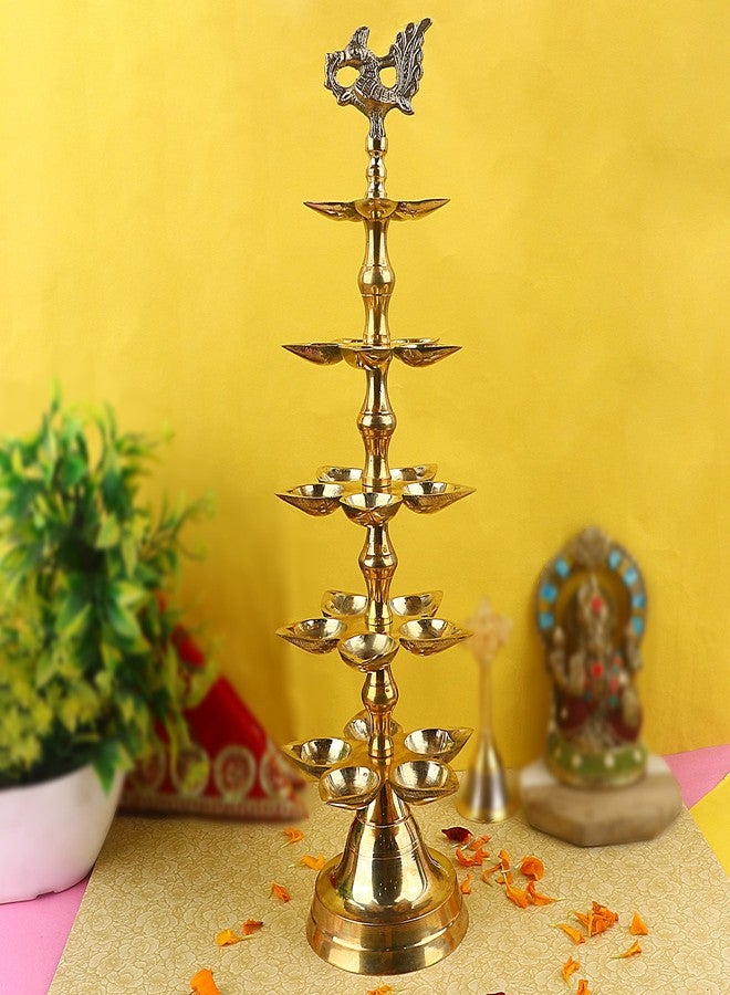 SATVIK Brass Panchmukhi Peacock Kerala Samai Puja Diya Kutthu Vilakku Oil Lamp Pooja 5 Step Diya Engraved Design Deepak Indian Diwali Pooja Home Mandir Office Décor Return Gift Items (Pack of 1) - Image 1