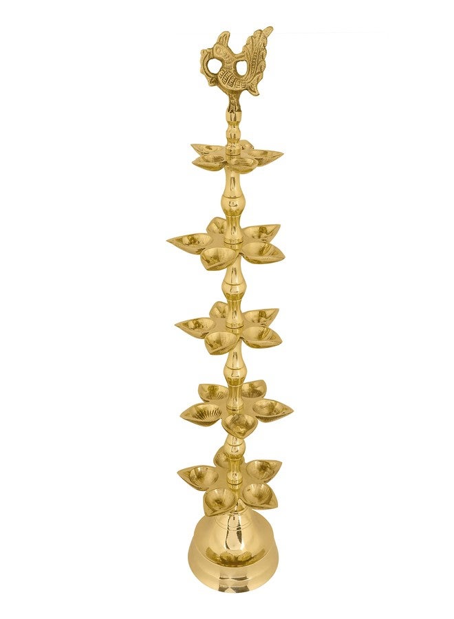 SATVIK Brass Panchmukhi Peacock Kerala Samai Puja Diya Kutthu Vilakku Oil Lamp Pooja 5 Step Diya Engraved Design Deepak Indian Diwali Pooja Home Mandir Office Décor Return Gift Items (Pack of 1) - Image 4