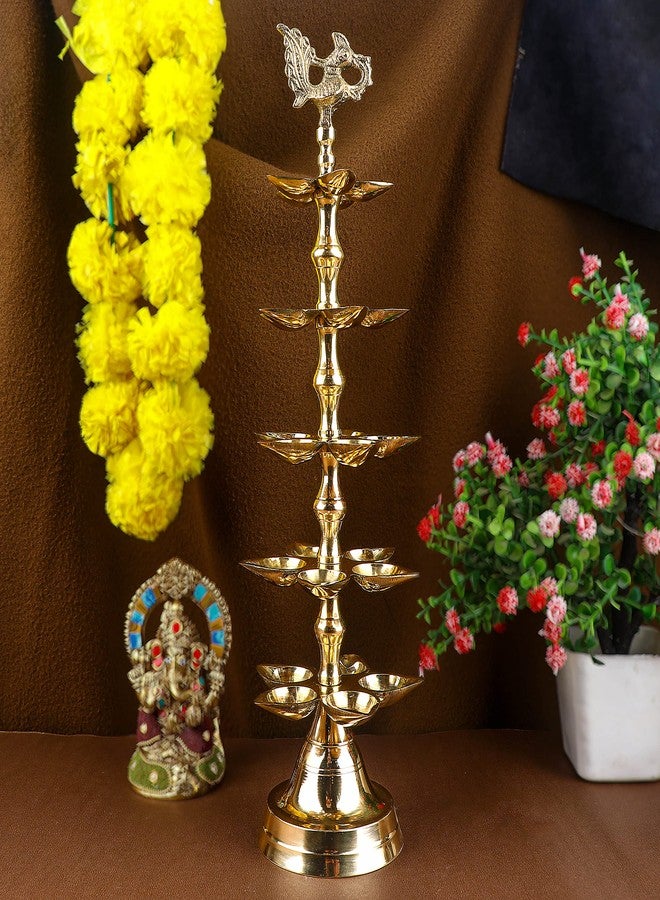 SATVIK Brass Panchmukhi Peacock Kerala Samai Puja Diya Kutthu Vilakku Oil Lamp Pooja 5 Step Diya Engraved Design Deepak Indian Diwali Pooja Home Mandir Office Décor Return Gift Items (Pack of 1) - Image 5