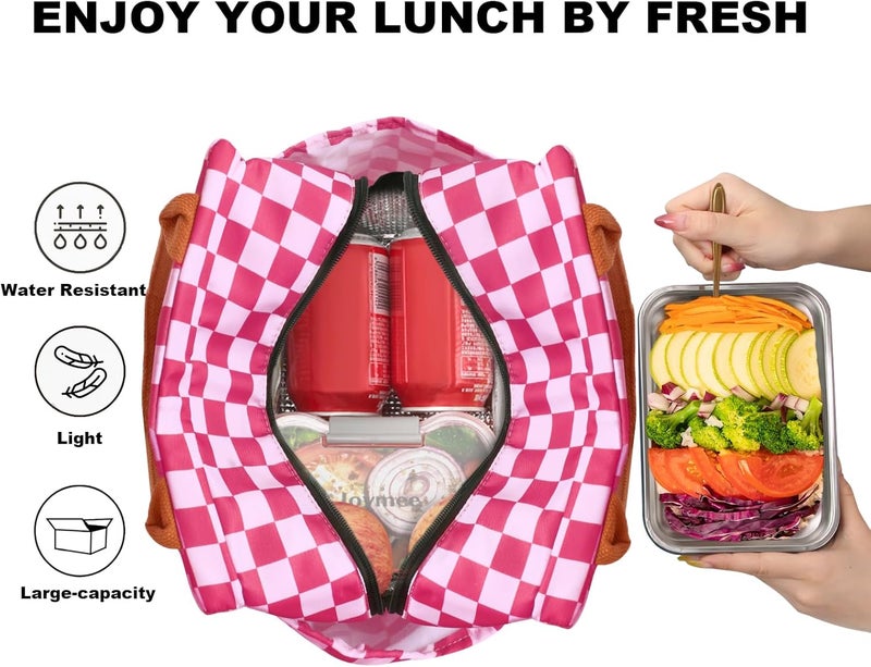 Joymee Lunch Bag Women Insulated Lunch Box Reusable Leakproof Large Spacious Cooler Tote for Women Men Adult with Bottle Holder and Side Pockets for Work Office Travel Picnic - Checker Pink - Image 3