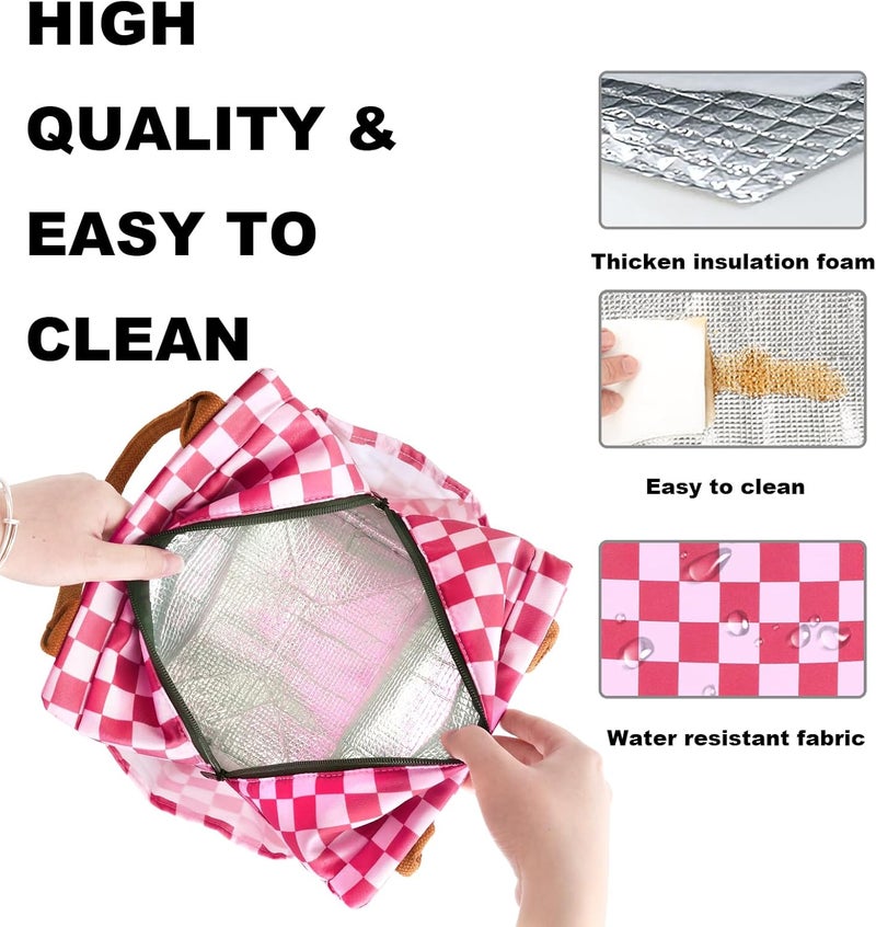 Joymee Lunch Bag Women Insulated Lunch Box Reusable Leakproof Large Spacious Cooler Tote for Women Men Adult with Bottle Holder and Side Pockets for Work Office Travel Picnic - Checker Pink - Image 4