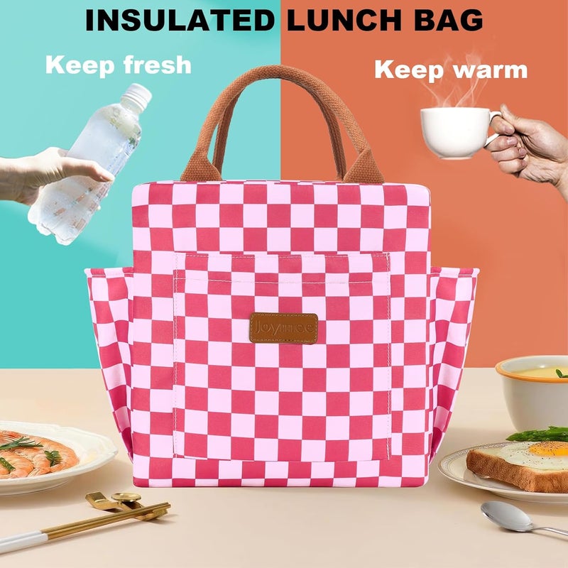 Joymee Lunch Bag Women Insulated Lunch Box Reusable Leakproof Large Spacious Cooler Tote for Women Men Adult with Bottle Holder and Side Pockets for Work Office Travel Picnic - Checker Pink - Image 2