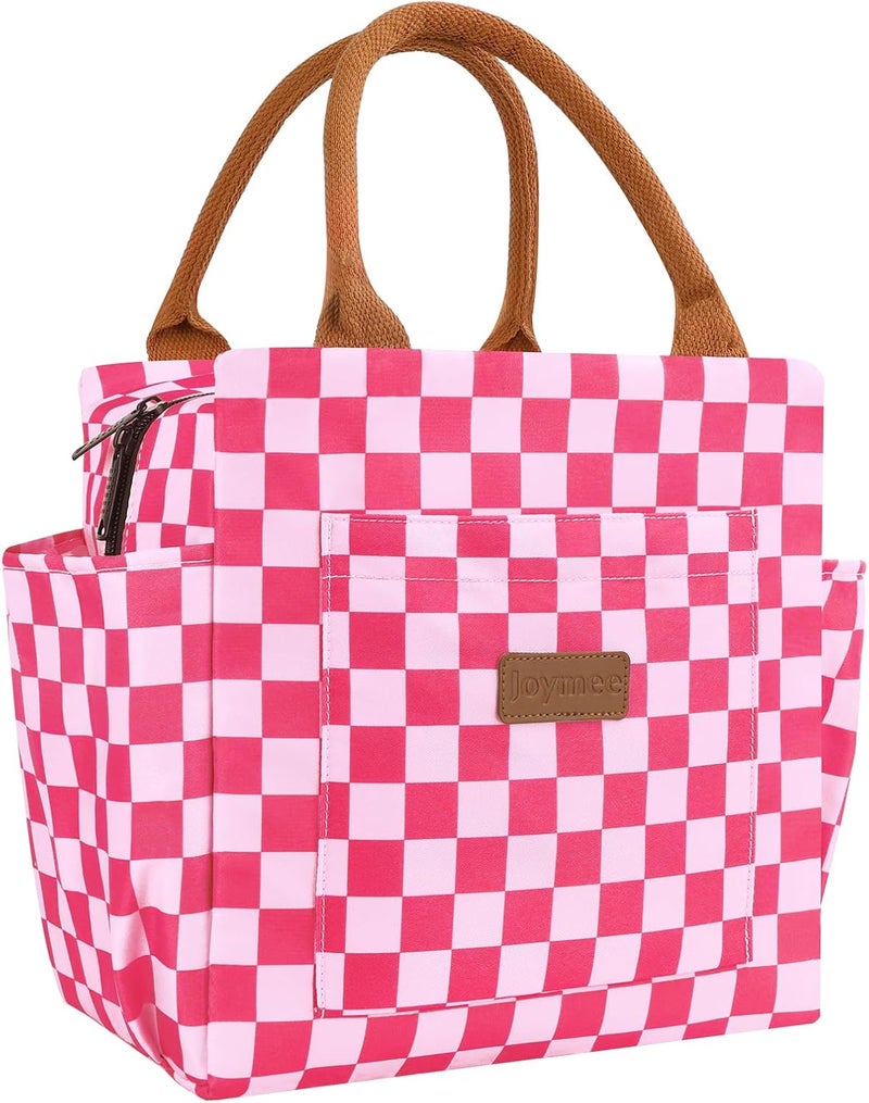 Joymee Lunch Bag Women Insulated Lunch Box Reusable Leakproof Large Spacious Cooler Tote for Women Men Adult with Bottle Holder and Side Pockets for Work Office Travel Picnic - Checker Pink - Image 1