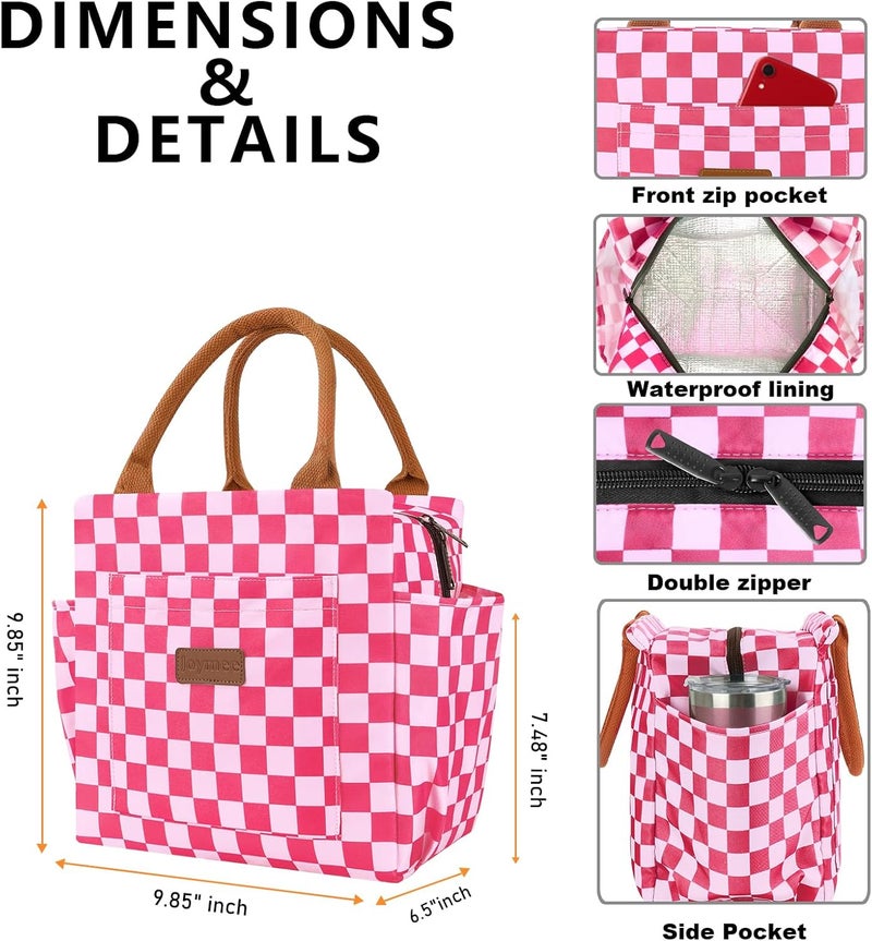 Joymee Lunch Bag Women Insulated Lunch Box Reusable Leakproof Large Spacious Cooler Tote for Women Men Adult with Bottle Holder and Side Pockets for Work Office Travel Picnic - Checker Pink - Image 5