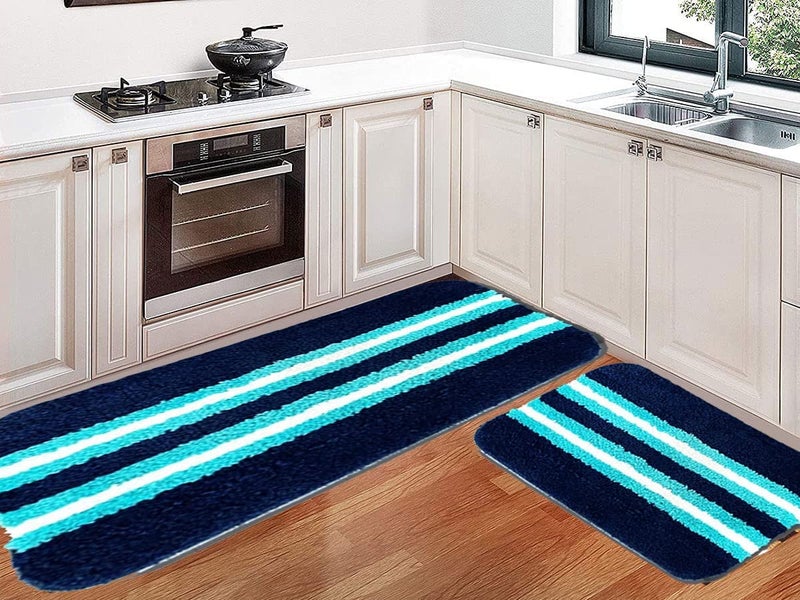 SKIVE Kitchen Mat and Runner with Anti Skid BackingColour Aqua Strip Blue 40x12040 x 60 CM Set of 2 - Image 1