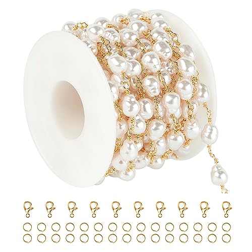 YOUBEIYEE 13 Feet Imitation Pearl Bead Chain Bulk KC Gold Plated Brass Jewelry Chain for Jewelry Making Necklace Bracelet DIY Handmade Craft Chain Roll - Image 1