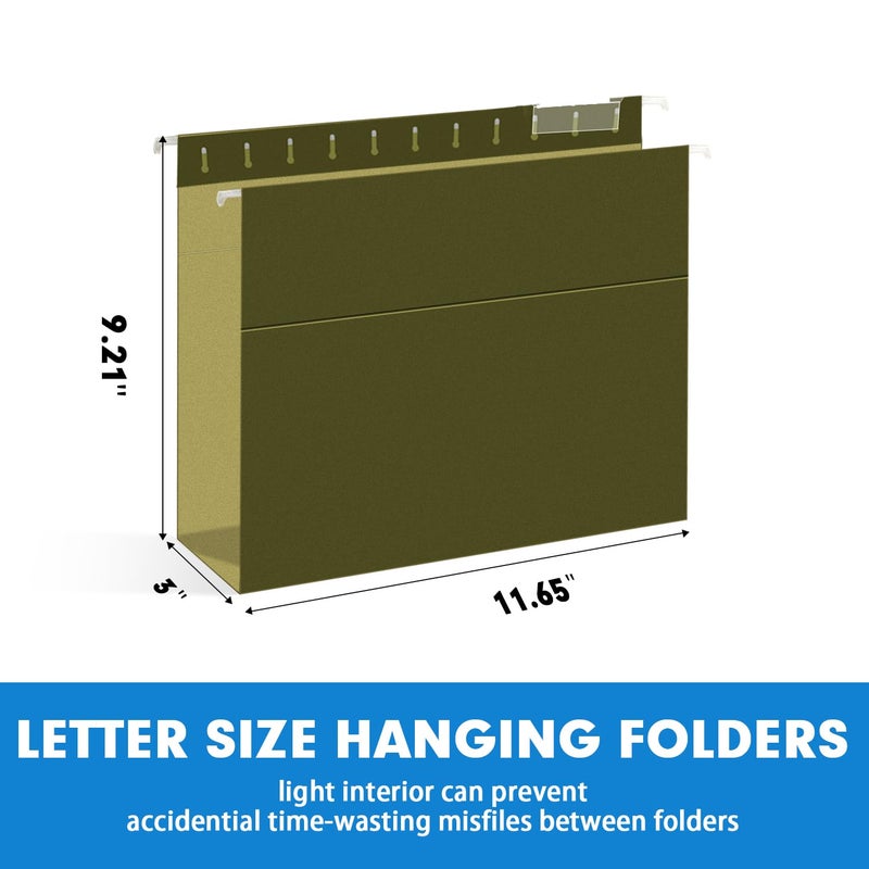 RAZCC Extra Capacity Hanging File Folders, RAZCC 30 Pack Letter Size Reinforced Hanging Folders with Heavy Duty 3 Inch Expansion for Bulky Files, Filing Cabinet, Adjustable Tabs, Green - Image 2