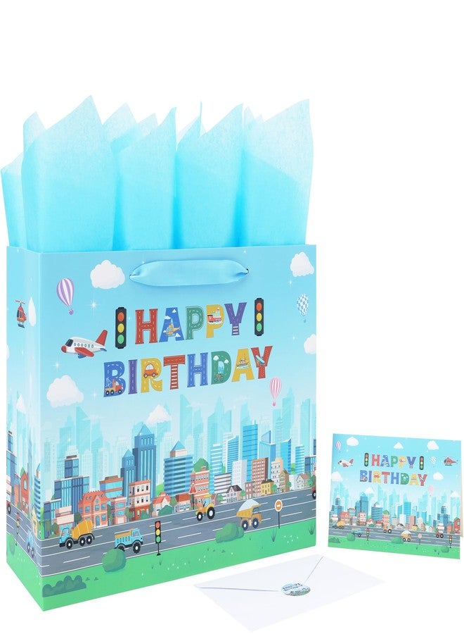 Qirrmiy 13'' Large Birthday Gift Bag Set with Handles, Greeting Card, Tissue Papers and Stickers for Boys', Girls', Kids' Party, Baby, Newborn, Birthday Design, 1 Pcs - Image 1