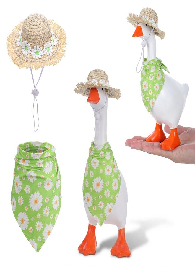 Apausvcm 2 Pcs Porch Goose Outfits with Hat and Triangular Silk Scarf, Spring Daisy Magnetic Goose Statue Clothes Accessories Cute Gooses Figurine Decor for Duck Key Holder Table Home Decoration (Green) - Image 1