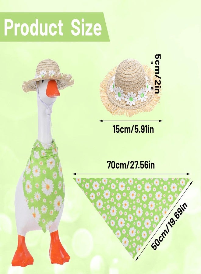 Apausvcm 2 Pcs Porch Goose Outfits with Hat and Triangular Silk Scarf, Spring Daisy Magnetic Goose Statue Clothes Accessories Cute Gooses Figurine Decor for Duck Key Holder Table Home Decoration (Green) - Image 2