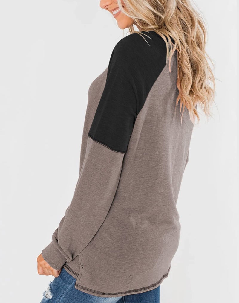 Bingerlily Women's Casual Long Sleeve Tunic Tops Crew Neck Color Block Blouses (Brown-Charcoal, Small) - Image 2
