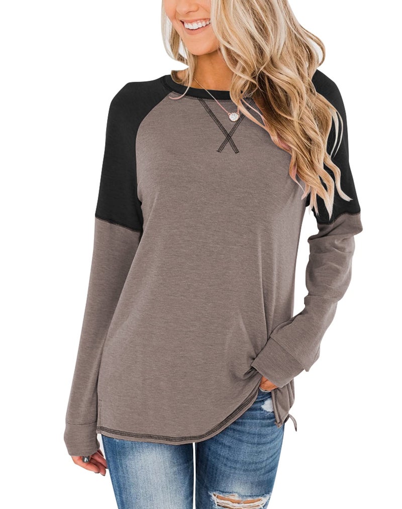 Bingerlily Women's Casual Long Sleeve Tunic Tops Crew Neck Color Block Blouses (Brown-Charcoal, Small) - Image 5