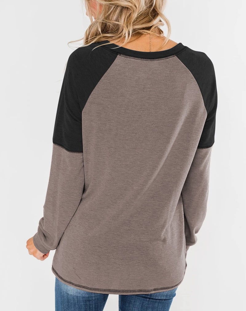 Bingerlily Women's Casual Long Sleeve Tunic Tops Crew Neck Color Block Blouses (Brown-Charcoal, Small) - Image 3