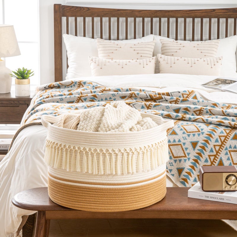 KAKAMAY Large Blanket Basket (20"x13"),Woven Baskets for storage Baby Laundry Hamper, Cotton Rope Blanket Basket for Living Room, Laundry, Nursery, Pillows, Baby Toy chest (White Fringe) - Image 4