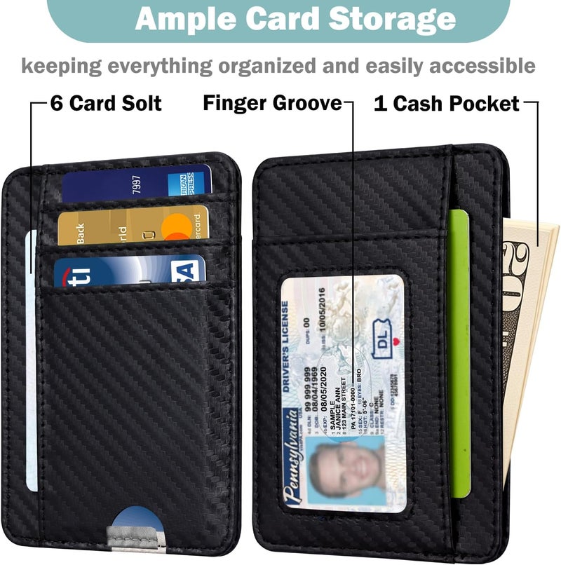 Hot Cool Slim Wallet for Men, Minimalist Front Pocket Simple Leather Credit Card Holder RFID Blocking for Men & Women, Thin Organizer Gifts, Carbon Fiber - Black - Image 2