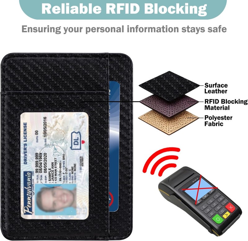 Hot Cool Slim Wallet for Men, Minimalist Front Pocket Simple Leather Credit Card Holder RFID Blocking for Men & Women, Thin Organizer Gifts, Carbon Fiber - Black - Image 4