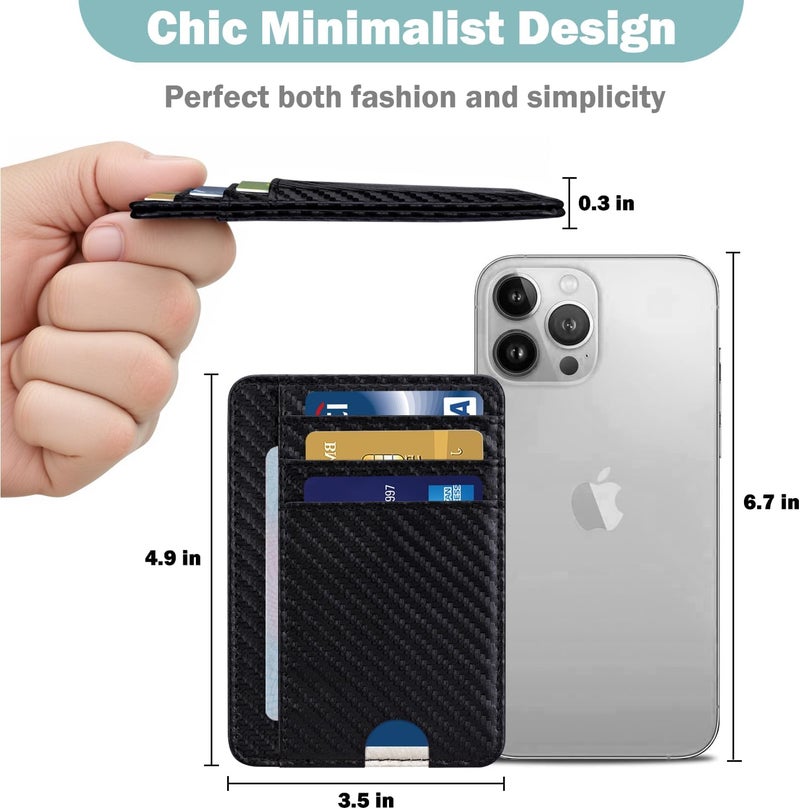 Hot Cool Slim Wallet for Men, Minimalist Front Pocket Simple Leather Credit Card Holder RFID Blocking for Men & Women, Thin Organizer Gifts, Carbon Fiber - Black - Image 3