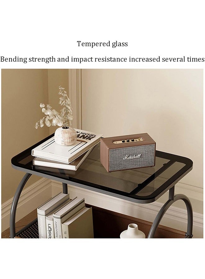 XiuWoo Movable Stylish Tempered Glass Side Table with Wheels Living Room Side Table 2 Layers Movable Living Room Sofa Storage Tempered Glass Side Table Simple Side Room Coffee Table with Wheels - Image 4