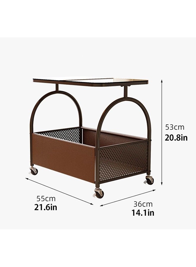 XiuWoo Movable Stylish Tempered Glass Side Table with Wheels Living Room Side Table 2 Layers Movable Living Room Sofa Storage Tempered Glass Side Table Simple Side Room Coffee Table with Wheels - Image 2