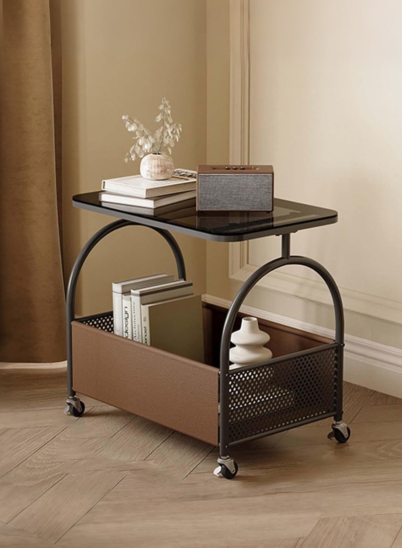 XiuWoo Movable Stylish Tempered Glass Side Table with Wheels Living Room Side Table 2 Layers Movable Living Room Sofa Storage Tempered Glass Side Table Simple Side Room Coffee Table with Wheels - Image 3
