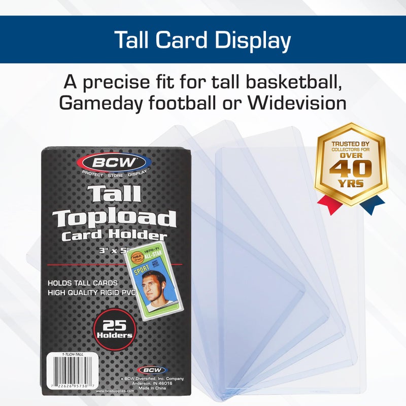 BCW Tall Card Topload Holders â€“ 25 Pack | Premium Top Loaders for Sports Trading Cards | Fits Tall Basketball, Football, Widevision Cards | Clear Rigid Toploader Card Protectors - Image 2