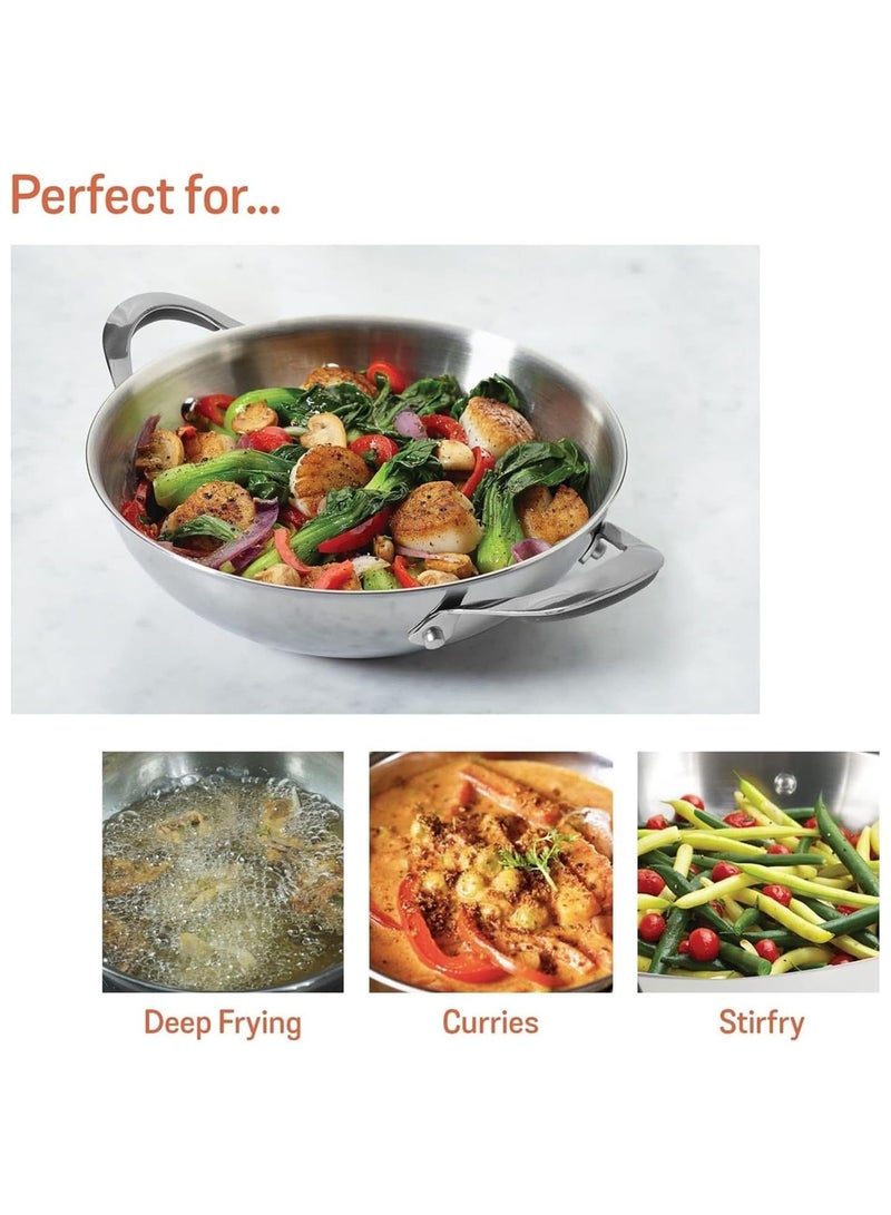 Meyer Select 22cm Stainless Steel Wok Kadai with Tempered Glass Lid – Induction Compatible, Oven & Dishwasher Safe, Metal Utensil Safe - Image 3