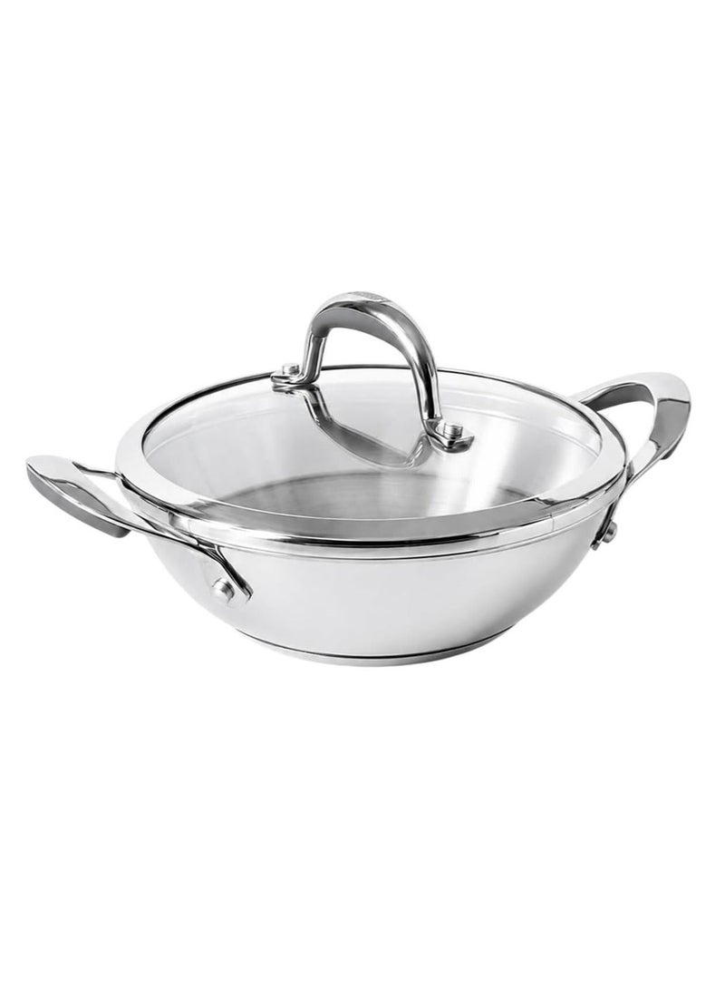 Meyer Select 22cm Stainless Steel Wok Kadai with Tempered Glass Lid – Induction Compatible, Oven & Dishwasher Safe, Metal Utensil Safe - Image 1