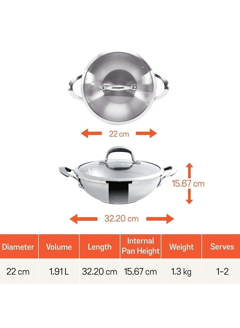Meyer Select 22cm Stainless Steel Wok Kadai with Tempered Glass Lid – Induction Compatible, Oven & Dishwasher Safe, Metal Utensil Safe - Image 2