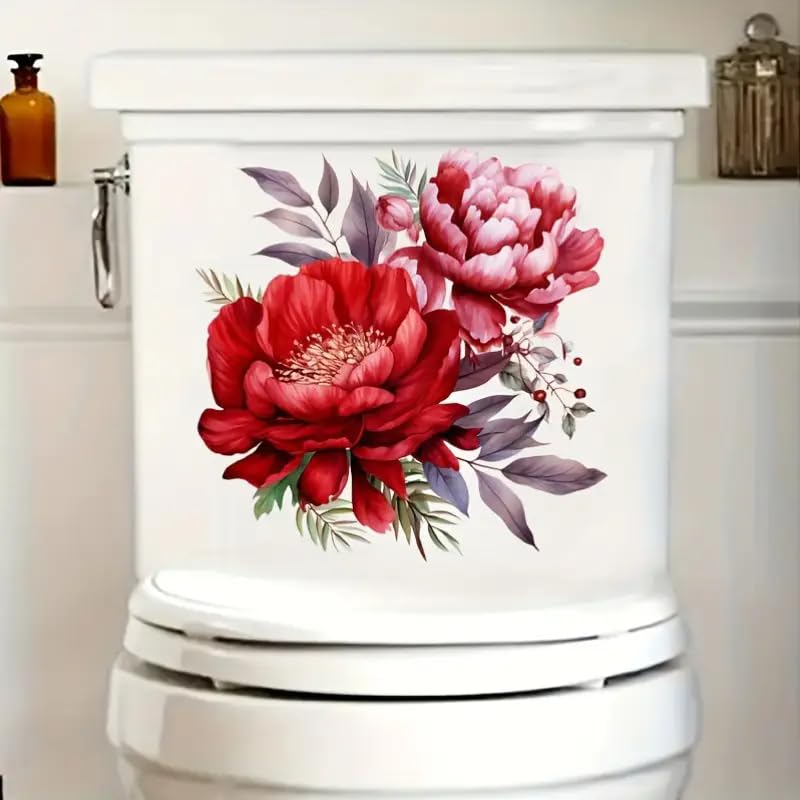 Paleery@FC Merry Christmas Red Flowers Leaf Toilet Cover Sticker Decals,Spring Flower Leaf Butterfly Waterproof Toilet Lid Tank Seat Decals Cistern Self-Adhesive Bathroom Wall Sticker - Image 2
