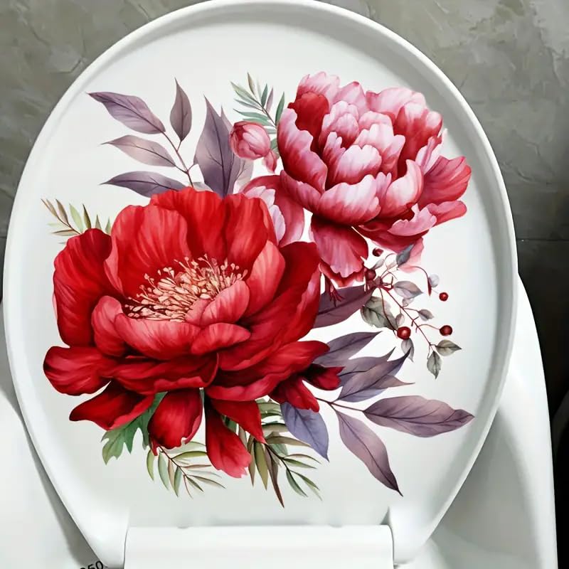 Paleery@FC Merry Christmas Red Flowers Leaf Toilet Cover Sticker Decals,Spring Flower Leaf Butterfly Waterproof Toilet Lid Tank Seat Decals Cistern Self-Adhesive Bathroom Wall Sticker - Image 3