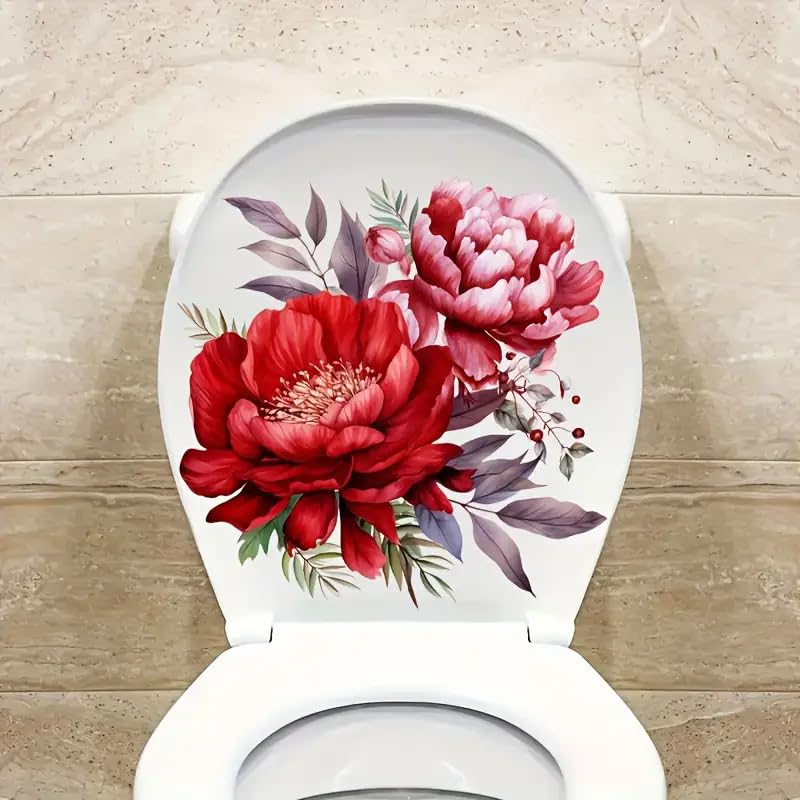 Paleery@FC Merry Christmas Red Flowers Leaf Toilet Cover Sticker Decals,Spring Flower Leaf Butterfly Waterproof Toilet Lid Tank Seat Decals Cistern Self-Adhesive Bathroom Wall Sticker - Image 4