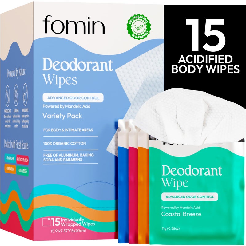 FOMIN Acidified Travel Deodorant Wipes For Women & Men - 15 Count - Variety Pack - pH Balanced, Mini Deodorant Travel Size Wipe - Plastic-Free, Individually Wrapped Underarm Body Wipes - Image 1