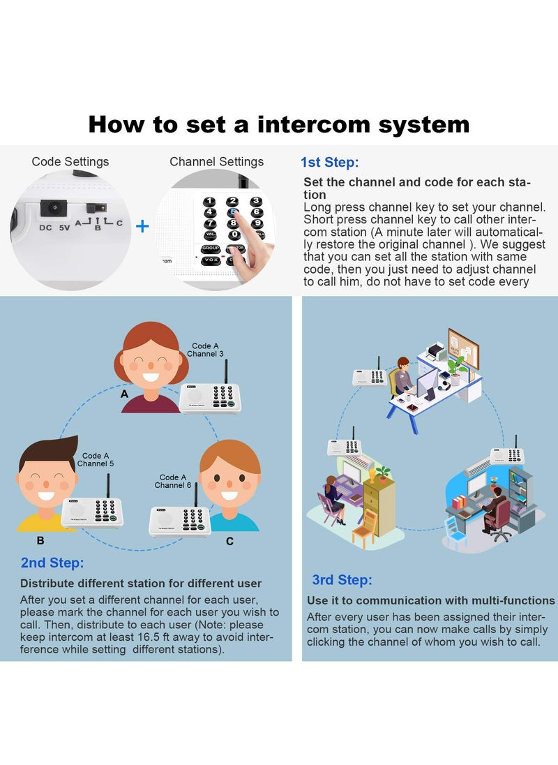Wuloo Intercoms Wireless for Home 5280 Feet Range 10 Channel 3 Code, Wireless Intercom System for Home House Business Office, Room to Room Intercom, Home Communication System (4 Units Set, White)