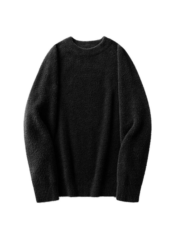 Markless Faux Mink Fleece Sweater, Men's Commuter Warm Autumn And Winter Thick Knit Pullover Round Neck Base Layer 4703, Black, L - Image 4