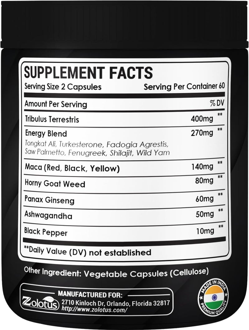 Zolotus 13in1 Tribulus Terrestris Capsules with Maca Horny Goat Weed Panax Ginseng Saw Palmetto Tongkat Ali Shilajit  More  Energy Stamina Supplement for Men  Women  120 Counts - Image 2