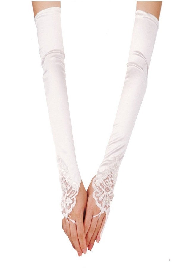 DreamHigh Satin Lace Fingerless Elbow Length Wedding/Party/Evening Gloves-White - Image 1