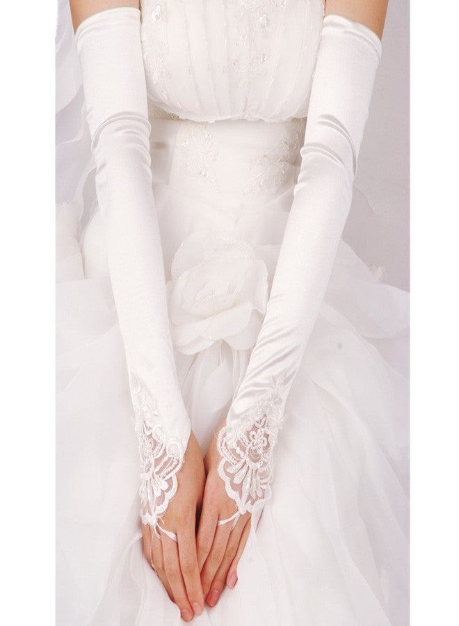 DreamHigh Satin Lace Fingerless Elbow Length Wedding/Party/Evening Gloves-White - Image 2
