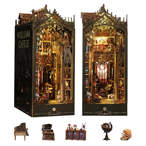 Flever DIY Dollhouse Booknook Book Nook Miniature Kit for Bookshelf Insert Decor Crafts for Adults and Teens 3D Wooden Puzzle Bookends with Sensor Led Light William Castle - Image 1