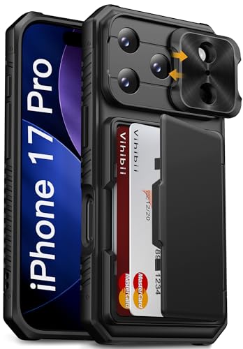 Vihibii for iPhone 17 Pro Case Wallet with Card Holder (4 Cards) [RFID Blocking] & Slide Camera Cover, Military Grade Drop Protection, Rugged Hard Back & Silicone Edge Phone Case 6.3" 5G 2025, Black - Image 1